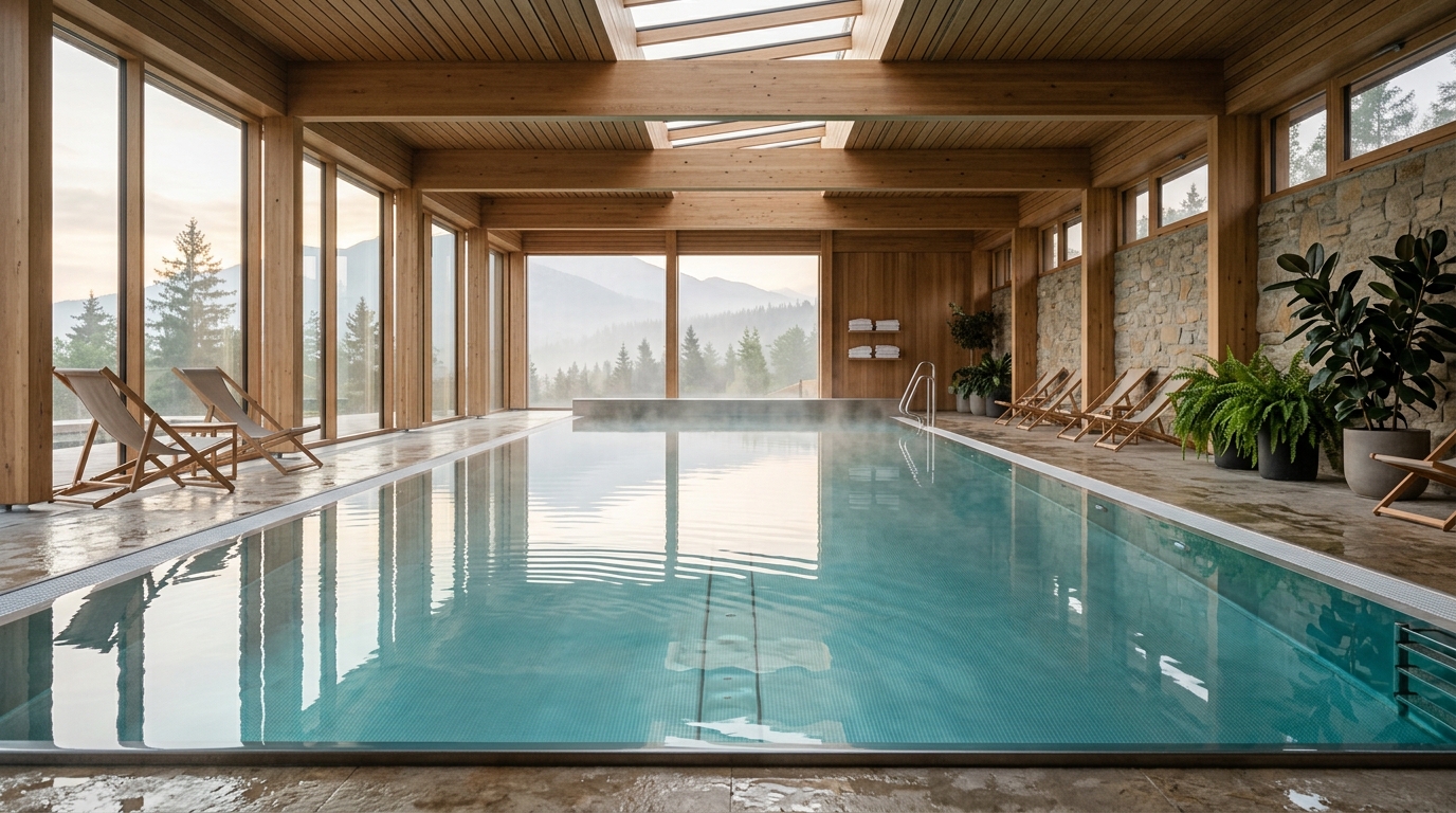 Pokojný bazén v modernom slovenskom wellness centre v ranných hodinách