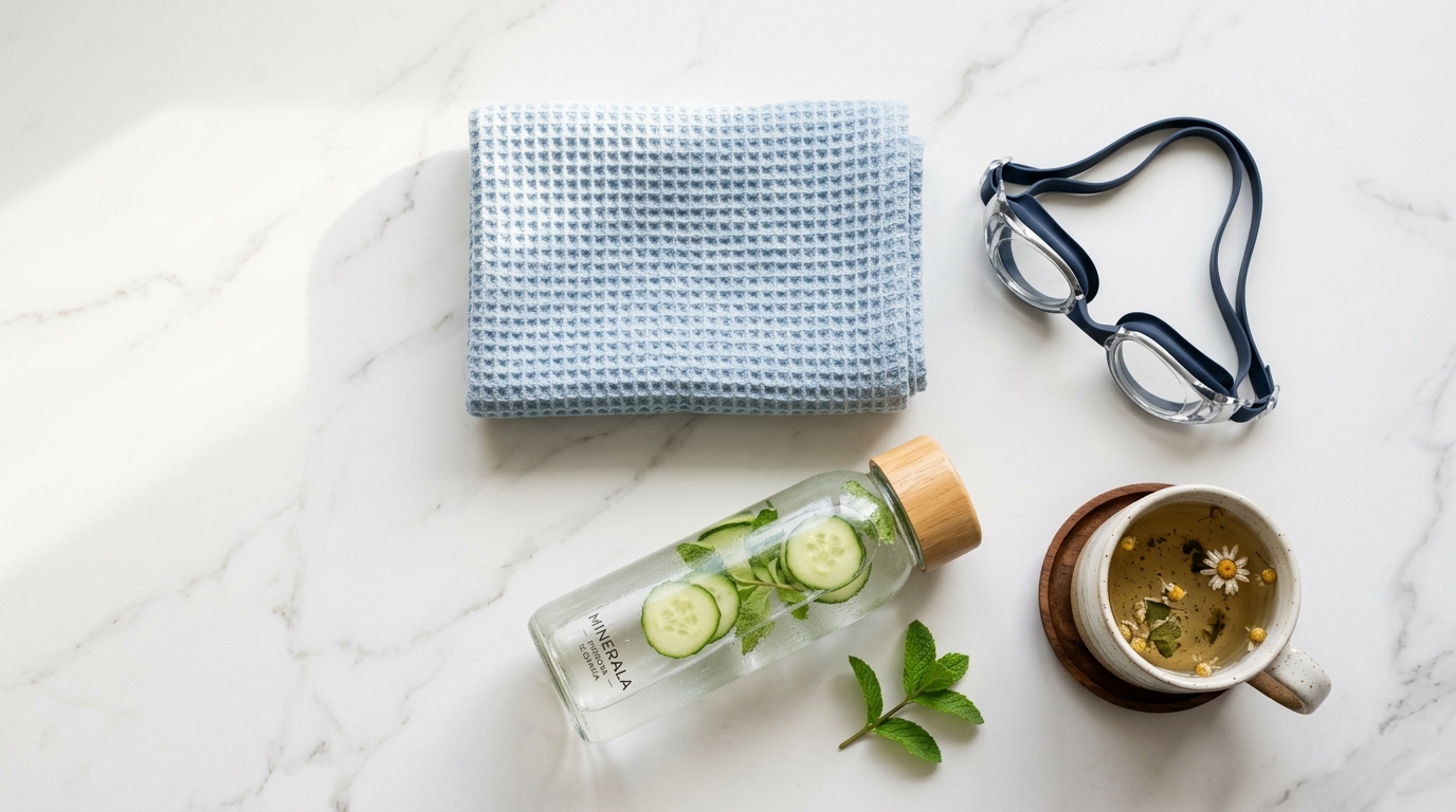 Flatlay ručníka, plaveckých okuliarov a šálky bylinkového čaju